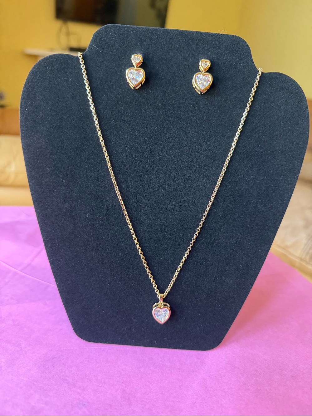 Gold Heart Pendant Necklace and Stud Earrings Set - Clear Stones